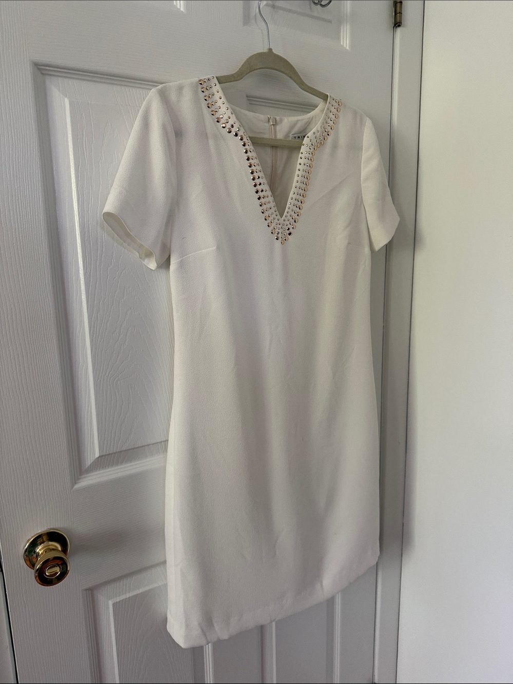 Trina Turk White Mini Dress with Gold Eyelet V-Neck